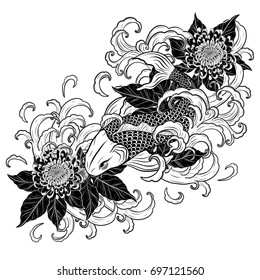 Koi fish and chrysanthemum tattoo by hand drawing.Tattoo art highly detailed in line art style.