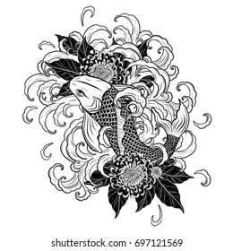 Koi fish and chrysanthemum tattoo by hand drawing.Tattoo art highly detailed in line art style.