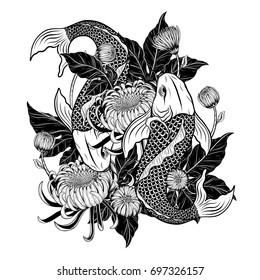 Koi fish and chrysanthemum tattoo by hand drawing.Tattoo art highly detailed in line art style.