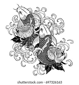 Koi fish and chrysanthemum tattoo by hand drawing.Tattoo art highly detailed in line art style.