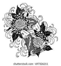 Koi fish and chrysanthemum tattoo by hand drawing.Tattoo art highly detailed in line art style.