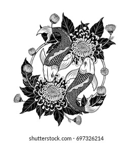 Koi fish and chrysanthemum tattoo by hand drawing.Tattoo art highly detailed in line art style.