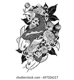 Koi fish and chrysanthemum tattoo by hand drawing.Tattoo art highly detailed in line art style.