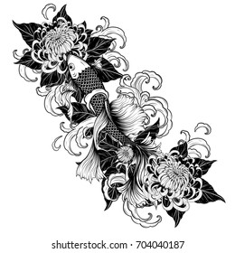 Koi fish and chrysanthemum tattoo by hand drawing.Tattoo art highly detailed in line art style.