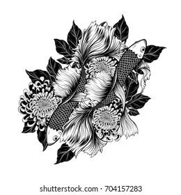 Koi fish and chrysanthemum tattoo by hand drawing.Tattoo art highly detailed in line art style.