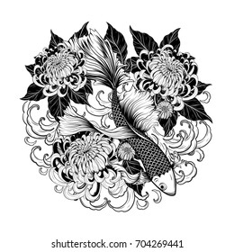 Koi fish and chrysanthemum tattoo by hand drawing.Tattoo art highly detailed in line art style.