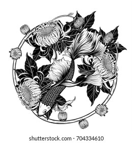 Koi fish and chrysanthemum tattoo by hand drawing.Tattoo art highly detailed in line art style.