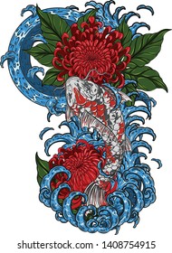 Koi fish with chrysanthemum vector tattoo by hand drawing.Beautiful flower on white background.Red flower graphics design art highly detailed in line art style.