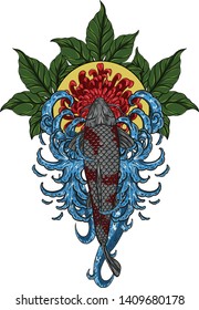 Koi fish with chrysanthemum vector tattoo by hand drawing.Beautiful flower on white background.Red flower graphics design art highly detailed in line art style.