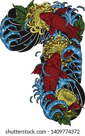 Koi fish with chrysanthemum vector tattoo by hand drawing.Beautiful flower on white background.Red flower graphics design art highly detailed in line art style.