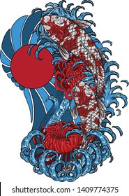 Koi fish with chrysanthemum vector tattoo by hand drawing.Beautiful flower on white background.Red flower graphics design art highly detailed in line art style.