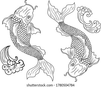 Hand Drawn Line Art Fish Koi Stock Vector (Royalty Free) 702215602