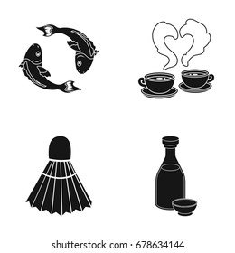 Koi fish, coffee and other web icon in black style. shuttlecock, alcohol icons in set collection.