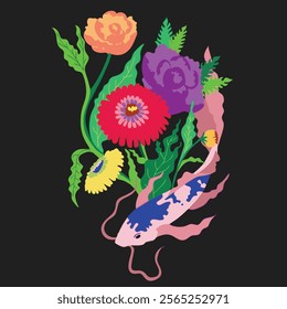 Koi fish with colorful flowers vector