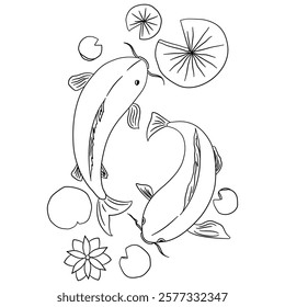 Koi Fish Coloring Page Illustration. Black and White Page. Koi Fish Swimming in the Water Page for Kids.