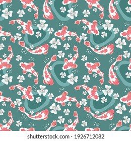 Koi fish cyprinus carpio, seamless vector illustration, scalable to any size. For covers, fabrics, wallpaper, wrapping paper, scrapbooking, notebooks, and more.