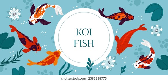 Koi fish. Decorative Asian pond. Japanese carps top view. Colored nishikigoi. Goldfish swimming in Chinese lake. Water lilies and lotus flowers. Horizontal banner. Garish