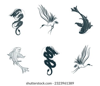 Koi fish, dragon and crane japanese art collection. Set of 6 design elements for t-shirt, tattoo, print and stickers. Hand drawn vector illustration isolated on white background