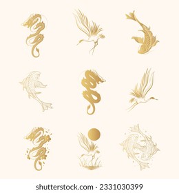 Koi fish, dragon and crane japanese art collection. Golden set of 9 design elements for t-shirt, print and stickers. Hand drawn vector illustration isolated on white background.