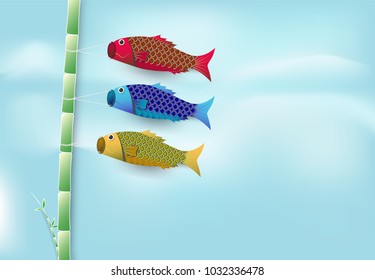 Koi fish flag flying on branch of Japnaese festival background, paper cut, paper art illustration