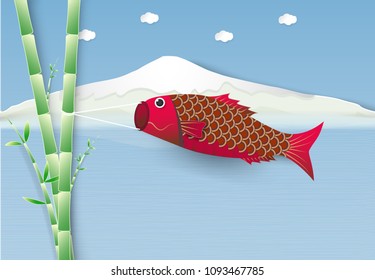 Koi fish flag flying on branch of Japnaese festival on mountain background, paper cut, paper art illustration