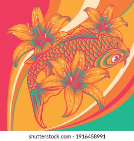 pez koi con vector de fondo florido