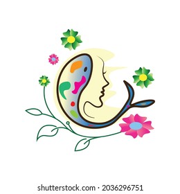 koi fish flower and woman illustration color graphic design vector