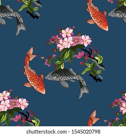 Koi fish and flowers. Japanese fish design. Wild print. Koi T-Shirt design. Fashion vector illustration with flowers. Illustration for fabric, clother. - Vector.