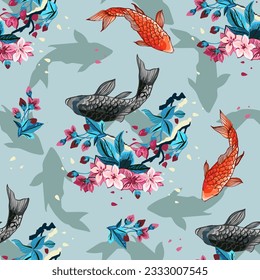Koi fish and flowers. Japanese fish design. Wild print. Koi T-Shirt design. Fashion vector illustration with flowers. Illustration for fabric, clother. - Vector.