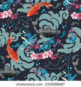 Koi fish and flowers. Japanese fish design. Wild print. Koi T-Shirt design. Fashion vector illustration with flowers. Illustration for fabric, clother. - Vector.