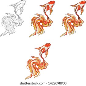 Koi fish four different ways. Vector illustration. Coloring paper, page, book