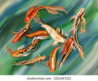 Koi fish in green pond. Emerald green and blue background. Hand drawn design to add a touch of creativity and color to prints, brochures, textiles and invitations.