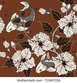 Koi fish and Hibiscus flower pattern by hand drawing.Tattoo art highly detailed in line art style.Fish and flower seamless pattern for batik cloth.