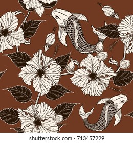 Koi fish and Hibiscus flower pattern by hand drawing.Tattoo art highly detailed in line art style.Fish and flower seamless pattern for batik cloth.