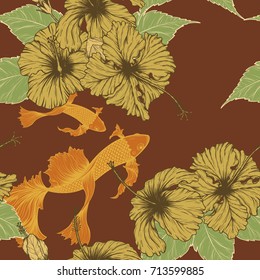 Koi fish and Hibiscus flower pattern by hand drawing.Tattoo art highly detailed in line art style.Fish and flower seamless pattern on batik cloth.