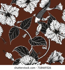 Koi fish and Hibiscus flower pattern by hand drawing.Tattoo art highly detailed in line art style.Flower patterns for batik paint.