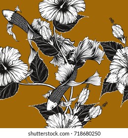 Koi fish and Hibiscus flower pattern by hand drawing.Tattoo art highly detailed in line art style.Flower patterns for batik paint.