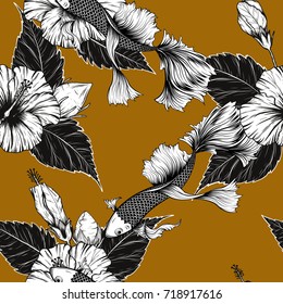 Koi fish and Hibiscus flower pattern by hand drawing.Tattoo art highly detailed in line art style.Flower patterns for batik paint.