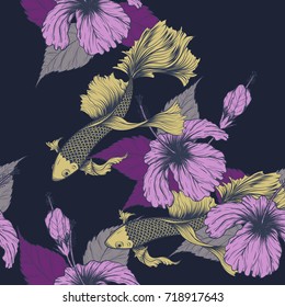 Koi fish and Hibiscus flower pattern by hand drawing.Tattoo art highly detailed in line art style.Flower patterns for batik paint.