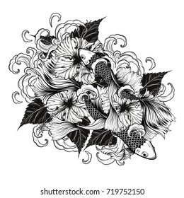 Koi fish and Hibiscus flower pattern by hand drawing.Tattoo art highly detailed in line art style.Flower patterns for batik paint.