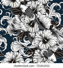 Koi fish and Hibiscus flower pattern by hand drawing.Tattoo art highly detailed in line art style.Flower patterns for batik paint.