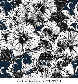 Koi fish and Hibiscus flower pattern by hand drawing.Tattoo art highly detailed in line art style.Flower patterns for batik paint.