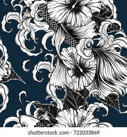 Koi fish and Hibiscus flower pattern by hand drawing.Tattoo art highly detailed in line art style.Flower patterns for batik paint.