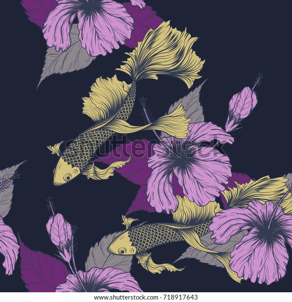 Koi Fish Hibiscus Flower Pattern By Stock Vector Royalty Free