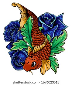 Koi Fish and Hibiscus Line vector illustration