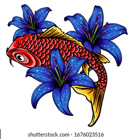 Koi Fish and Hibiscus Line vector illustration
