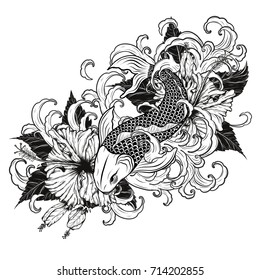 Koi fish and Hibiscus tattoo by hand drawing.Tattoo art highly detailed in line art style.