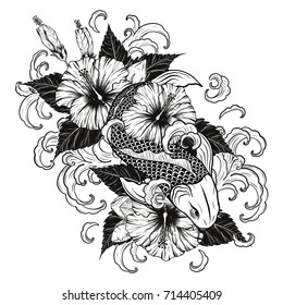 Koi fish and Hibiscus tattoo by hand drawing.Tattoo art highly detailed in line art style.