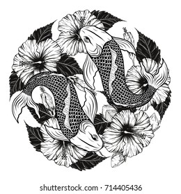 Koi Fish Hibiscus Tattoo By Hand Stock Vector (Royalty Free) 714405436 ...