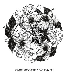 Koi fish and Hibiscus tattoo by hand drawing.Tattoo art highly detailed in line art style.